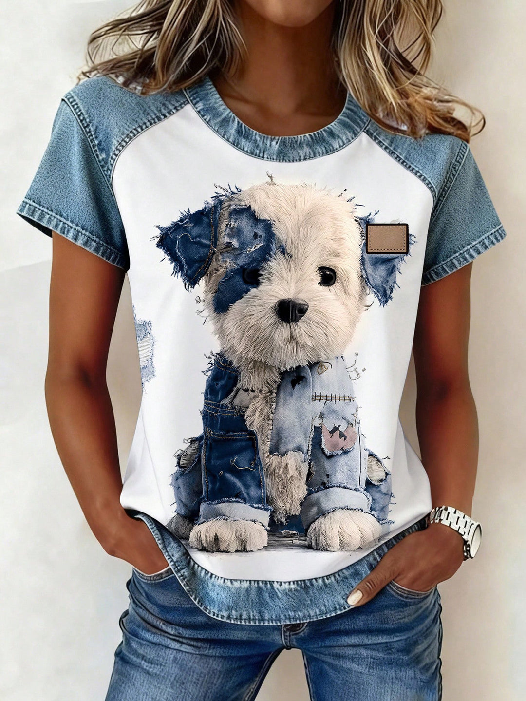 Damen Kurzarmshirt mit Jeans-Einsätzen und Teddy-Patchprint Drune