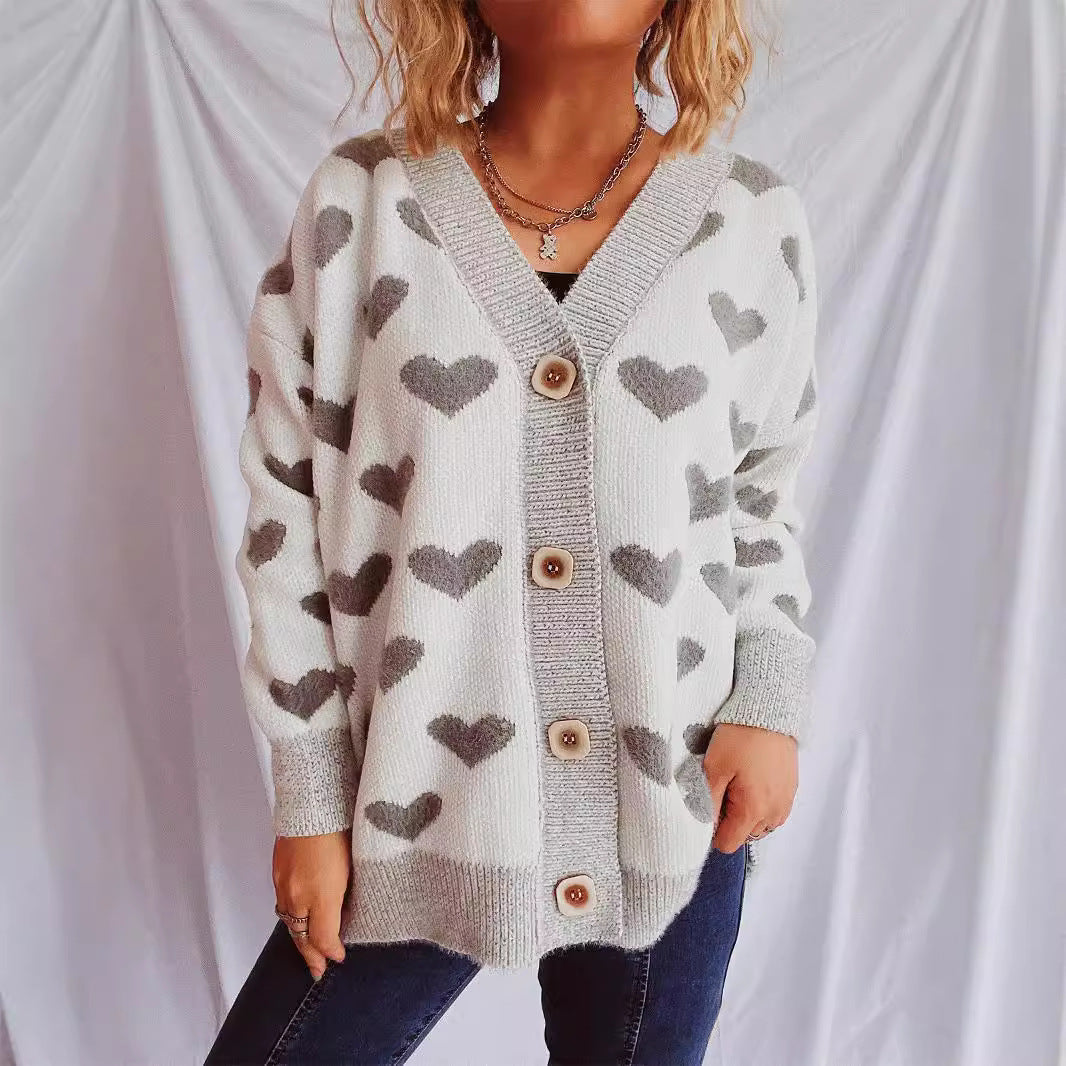 Damen Strickjacke mit herzförmigem Muster und knöpfbarem Design Drune