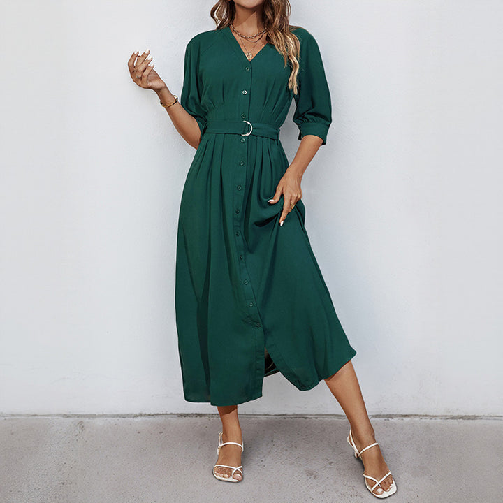 Damen Midikleid mit durchgehender Knopfleiste, V-Ausschnitt und D-Ring-Taillengürtel Drune