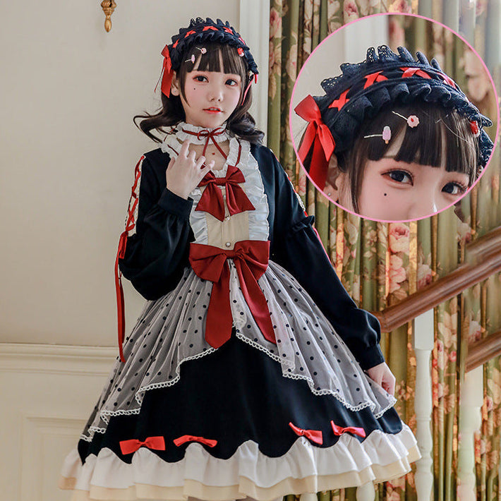 Damen Lolita-Kleid mit ausgefallenen Rüschendetails und Schleifen Drune