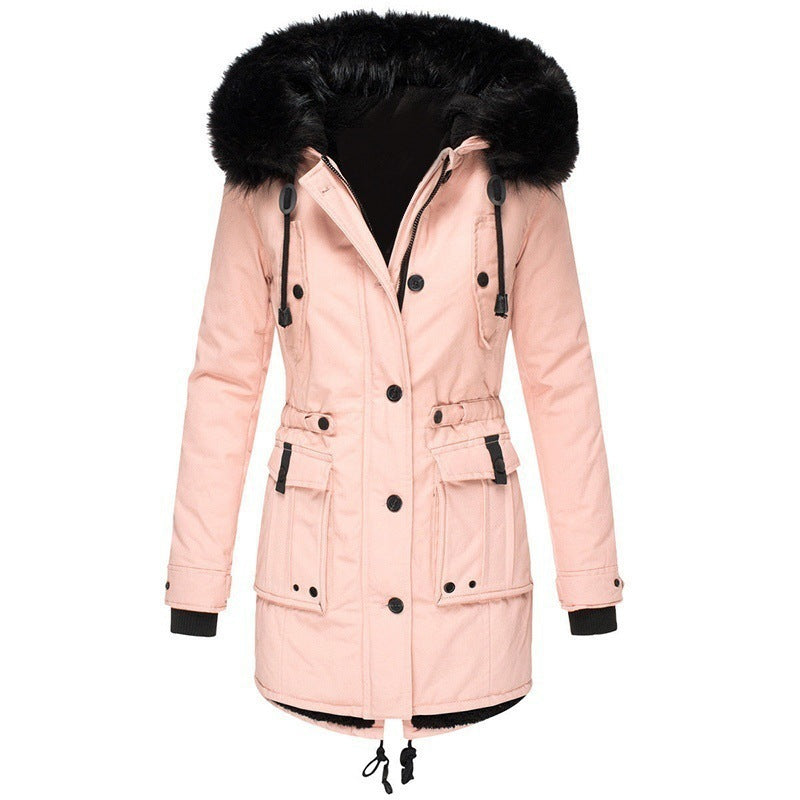 Damen Gefütterter Parka mit Kapuze und abnehmbarem Kunstpelzbesatz, taillierter Wintermantel Drune