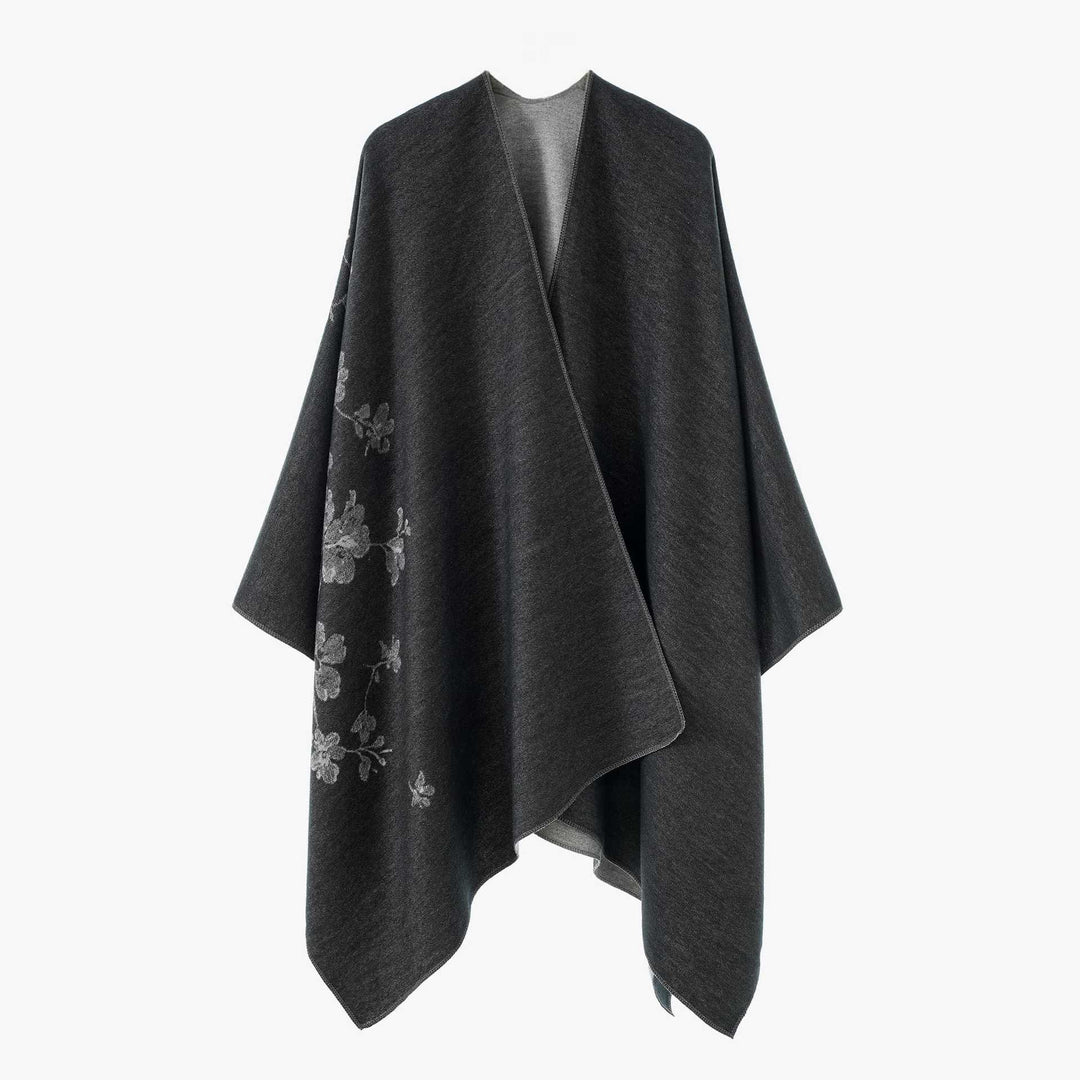 Damen Offener Reversibler Wollmix‑Cape mit floralem Jacquard Drune