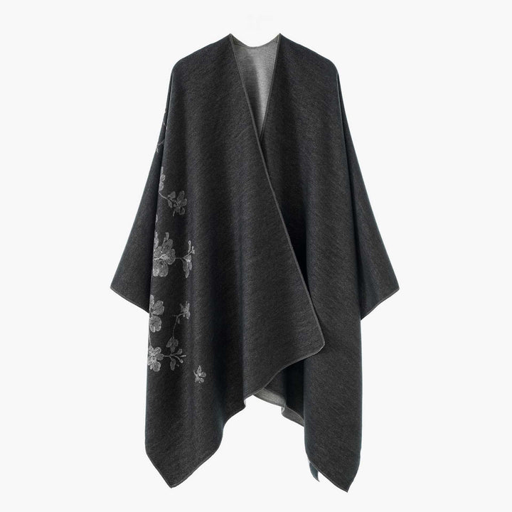 Damen Offener Reversibler Wollmix‑Cape mit floralem Jacquard Drune