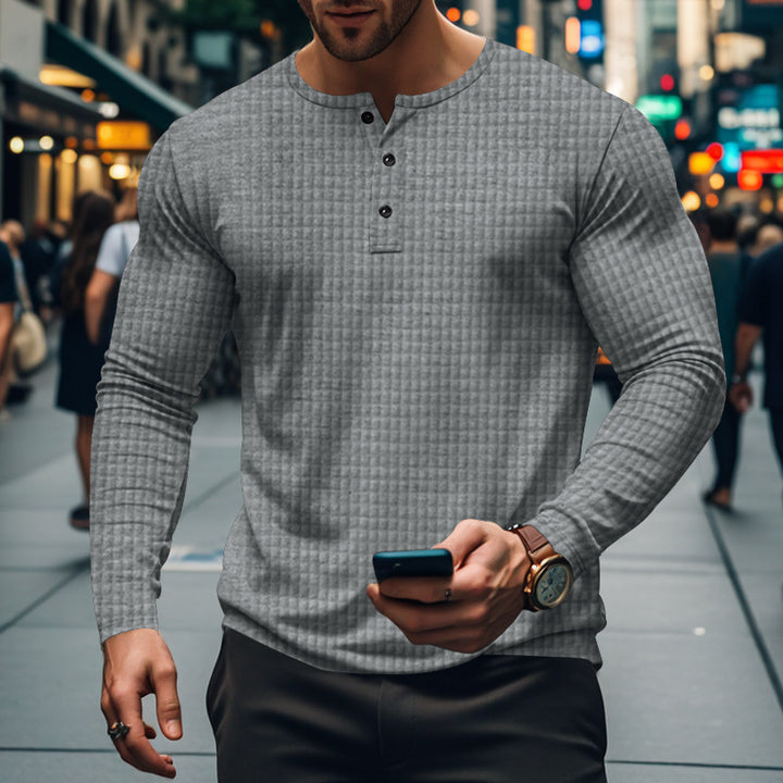 Herren nan figurbetontes Langarmshirt mit Rundhals-Knopfleiste und Waffelstruktur Drune