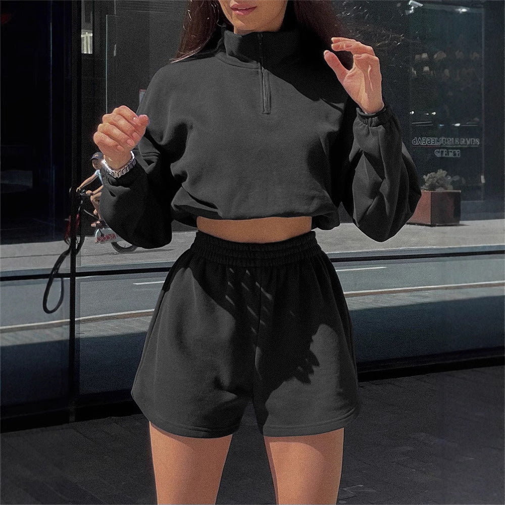 Damen sportliches Cropped Top und Shorts-Set mit Reißverschluss und elastischem Bund