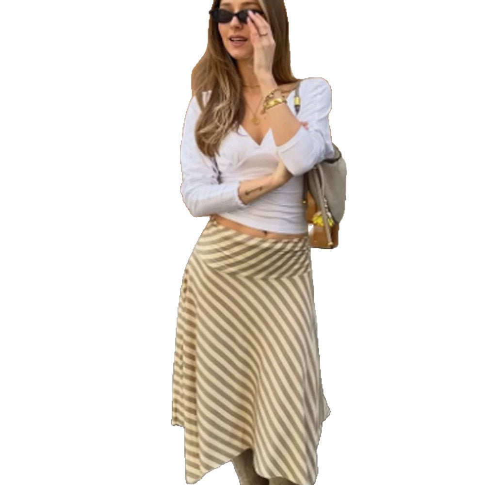 Damen Gestreifter A‑Linien Midirock mit asymmetrischem Saum und fließender Silhouette Drune
