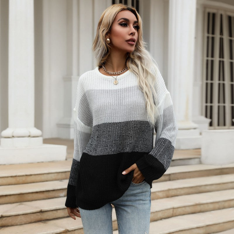 Damen Oversize-Colorblock-Strickpullover mit geradem Saum und Ballonärmeln Drune