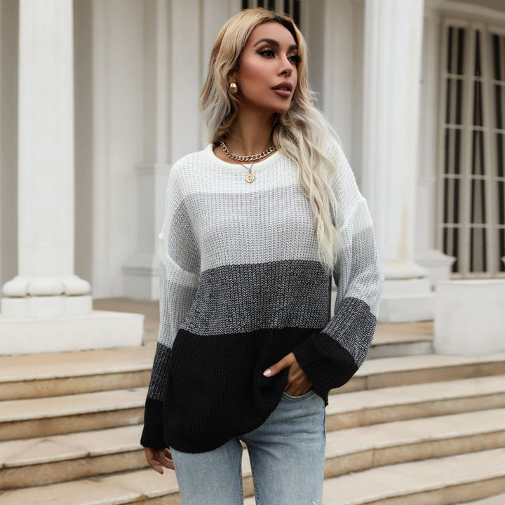 Damen Oversize-Colorblock-Strickpullover mit geradem Saum und Ballonärmeln Drune
