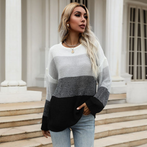 Damen Oversize-Colorblock-Strickpullover mit geradem Saum und Ballonärmeln Drune