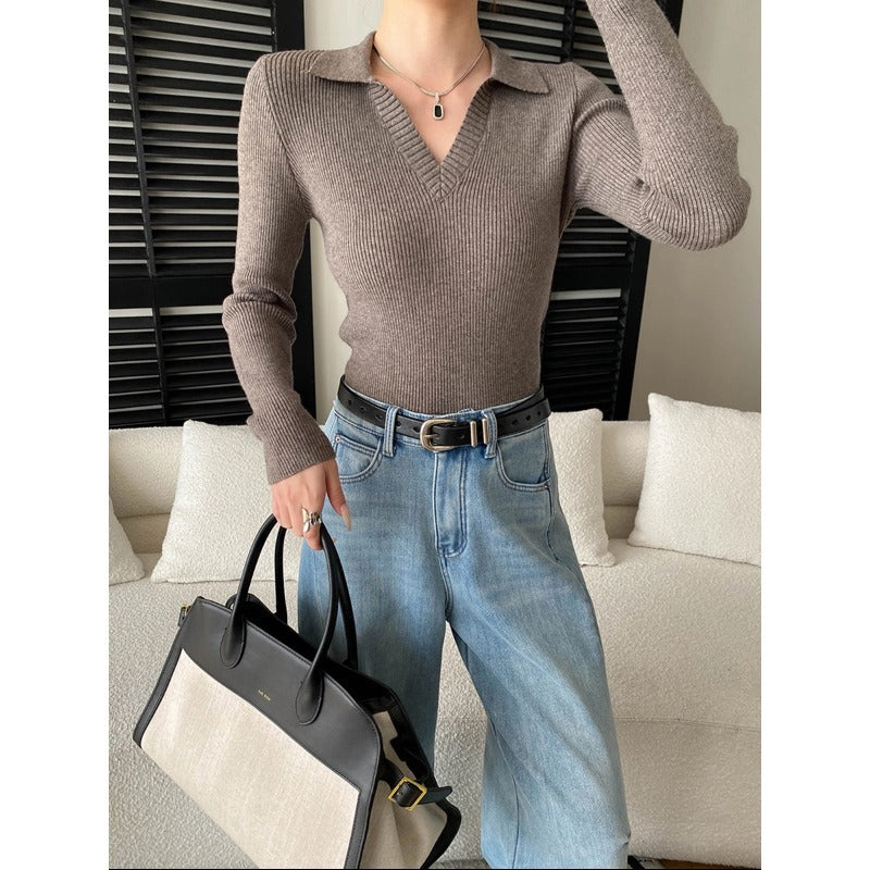 Damen elegantes V-Ausschnitt Langarmshirt aus feinem Rippstrick Drune