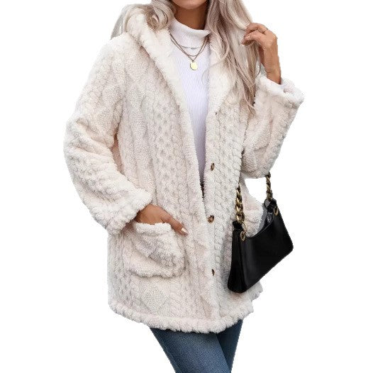 Damen angenehme und weiche Plüschjacke mit Kapuze und Taschen Drune