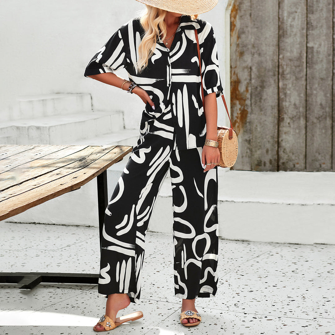 Damen luftiges Zweiteiliges Ensemble mit floralem Muster und weiten Hosen Drune