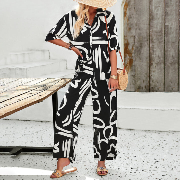 Damen luftiges Zweiteiliges Ensemble mit floralem Muster und weiten Hosen Drune