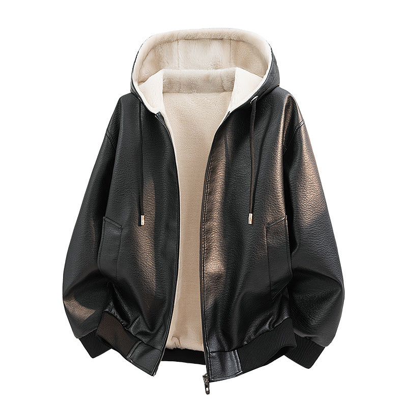 Herren Kapuzenjacke aus Leder mit Teddyfutter Drune