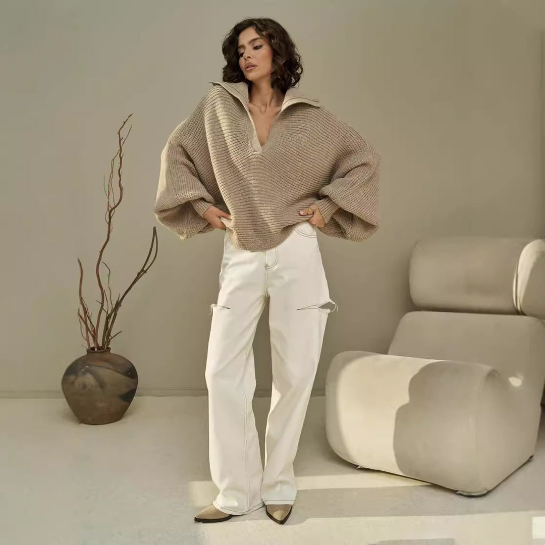 Damen lässiger Strickpullover mit oversized Kragen Drune