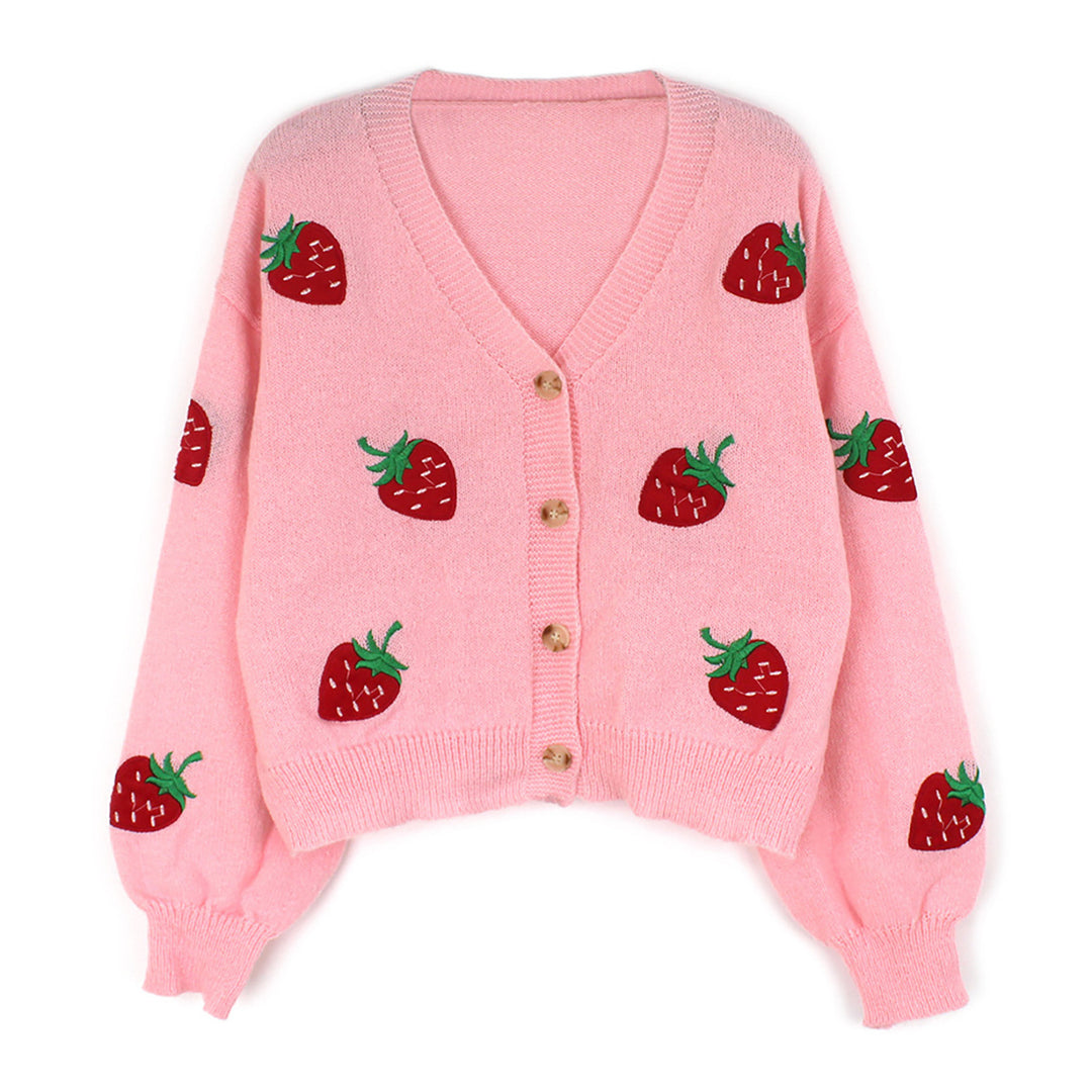 Damen verspielter Strickcardigan mit Erdbeerstickerei Drune