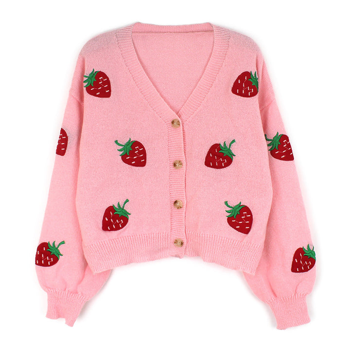 Damen verspielter Strickcardigan mit Erdbeerstickerei Drune