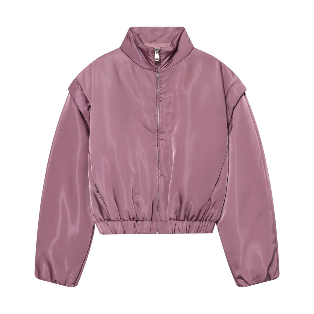 Damen Cropped‑Bomberjacke im Satin‑Look mit Stehkragen und Taillen‑Tunnelzug Drune