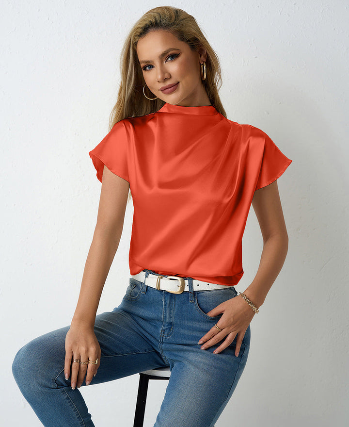 Damen elegante Satin Bluse mit Stehkragen Drune