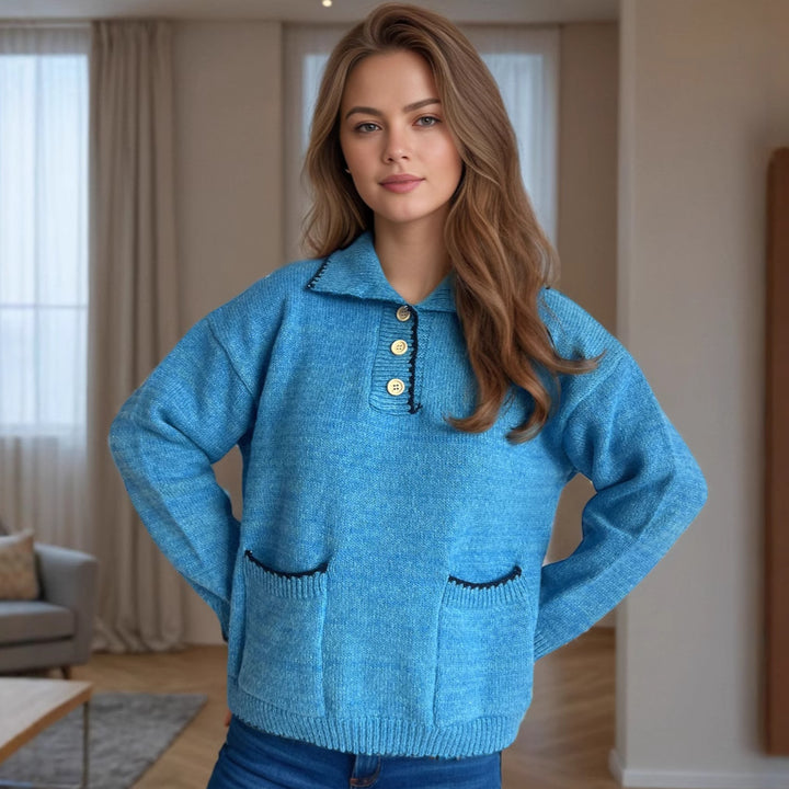Damen lässiger Strickpullover mit Knopfleiste und aufgesetzten Taschen Drune