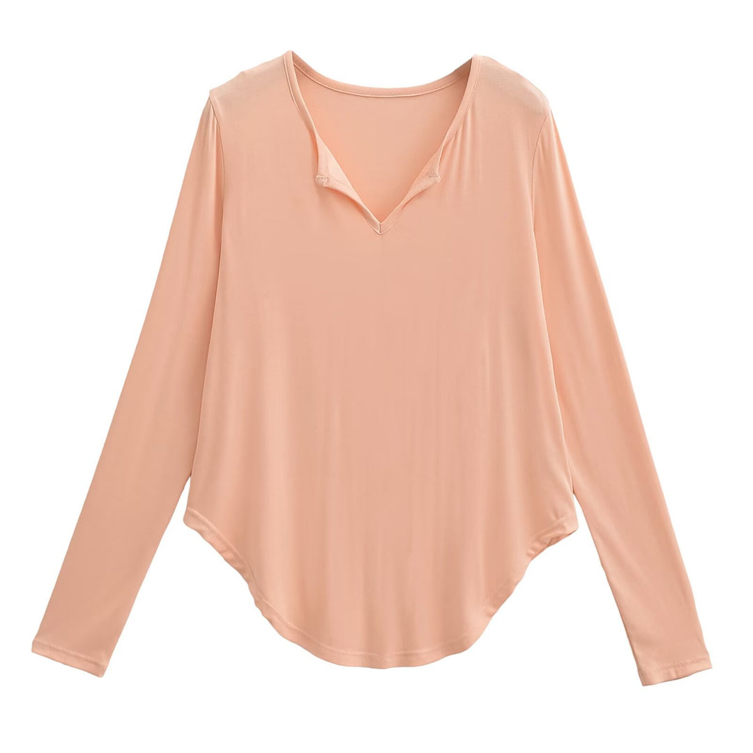 Damen lässiges Longsleeve-Oberteil mit V-Ausschnitt und geschwungenem Saum Drune