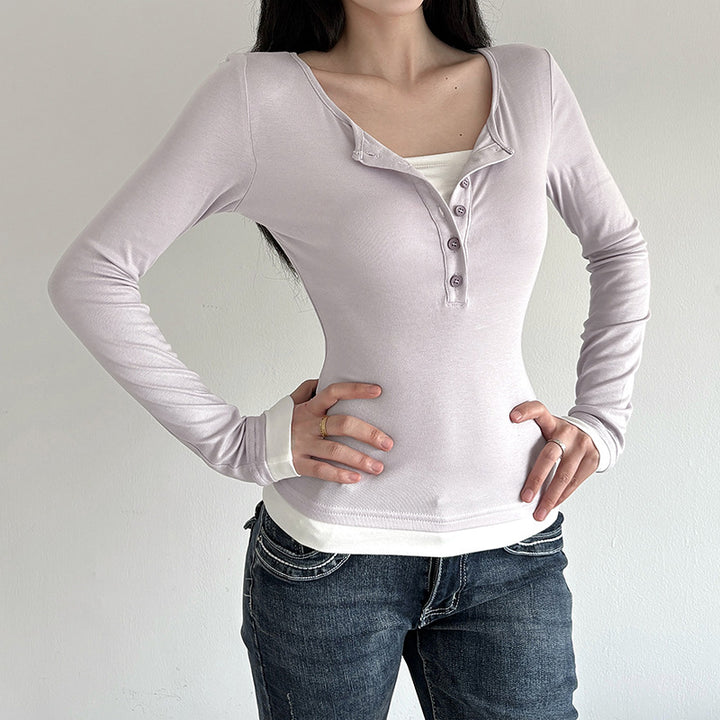 Damen nan tailliertes Henley-Crop-Longsleeve mit kontrastierenden Saum- und Ärmelbündchen Drune