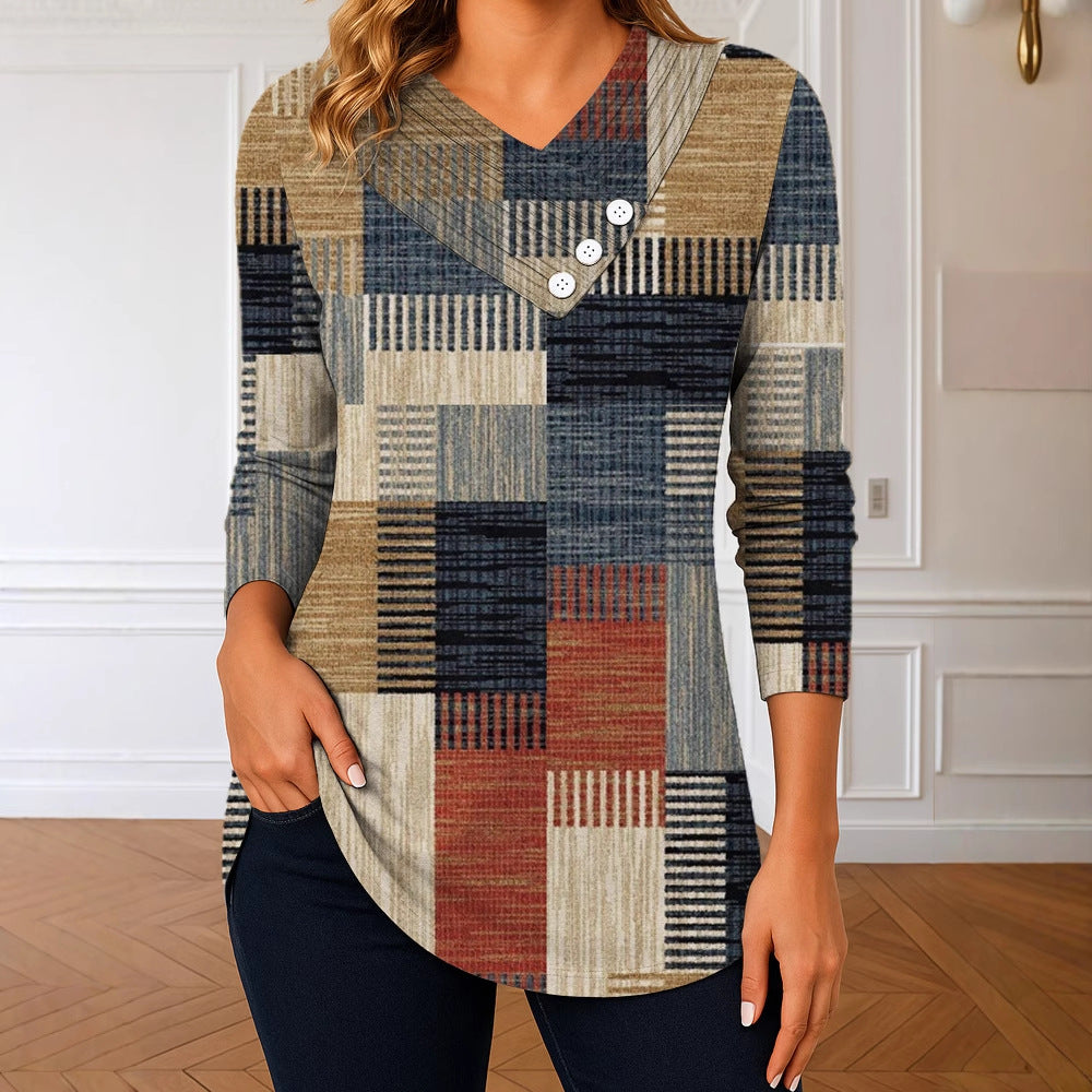 Damen Langarm-Tunika mit asymmetrischem V-Ausschnitt, Zierknopfleiste und kariertem Patchworkmuster Drune