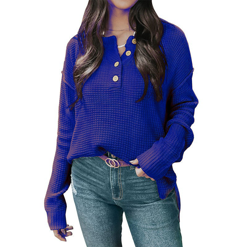 Damen nan lockerer Waffelstruktur Henley Pullover mit Knopfleiste und überschnittener Schulter Drune