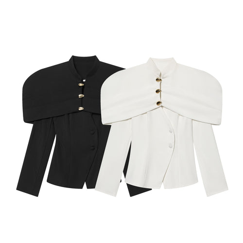 Damen 100+ eleganter taillierter Blazer mit Cape‑Schulter und goldenen Zierknöpfen Drune
