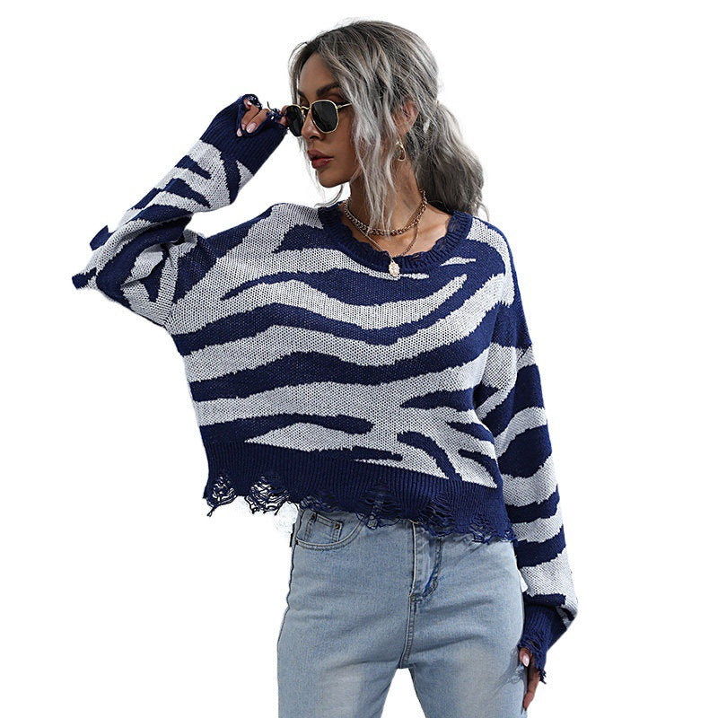 Damen Modischer Cropped Pullover mit Zebramuster Drune