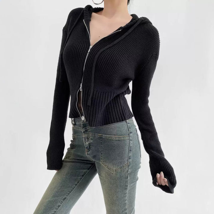 Damen lässiger Strickzipper mit Kapuze Drune