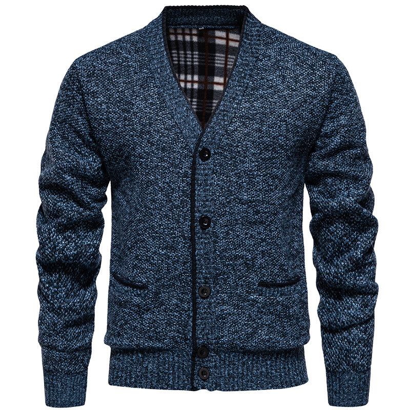 Herren Strukturierter V-Ausschnitt Strickcardigan mit kontrastierter Kante und kariertem Innenbesatz Drune