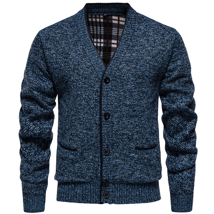 Herren Strukturierter V-Ausschnitt Strickcardigan mit kontrastierter Kante und kariertem Innenbesatz Drune