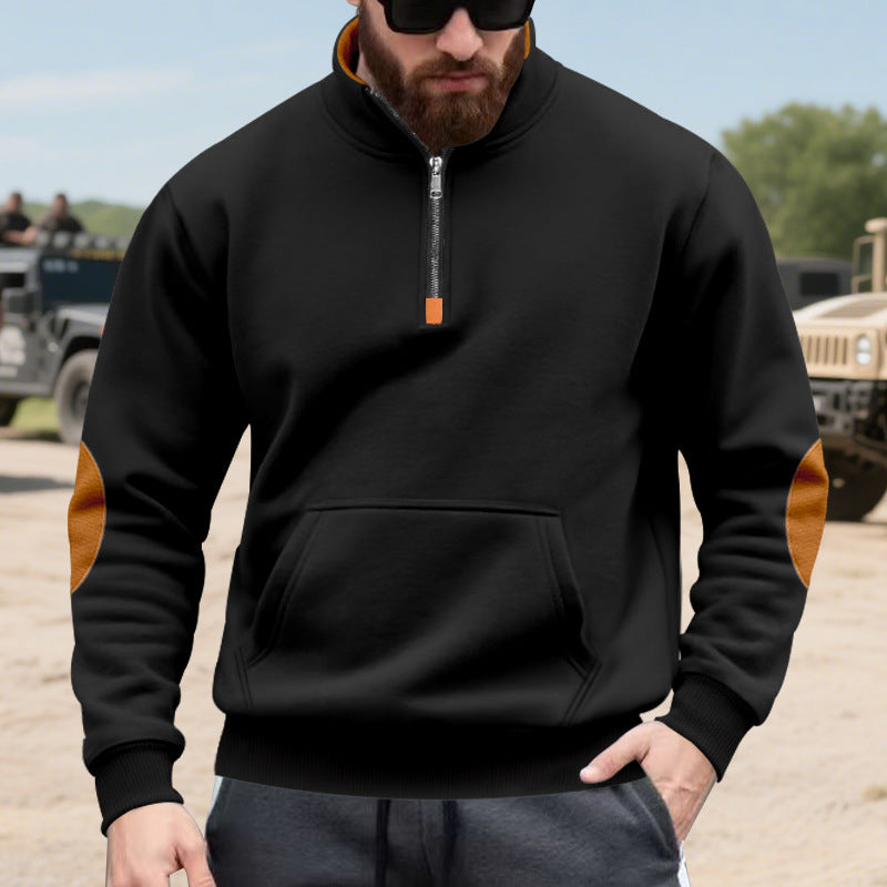 Herren nan Halbzip-Sweatshirt mit Stehkragen, Kängurutasche und kontrastierenden Ellbogenpatches Drune