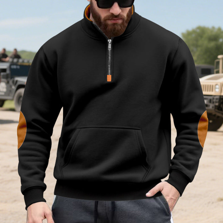 Herren nan Halbzip-Sweatshirt mit Stehkragen, Kängurutasche und kontrastierenden Ellbogenpatches Drune