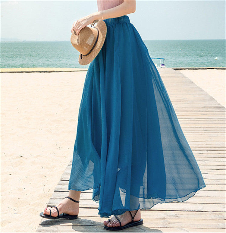 Damen nan fließender Maxirock aus Chiffon mit elastischem Bund und mehrlagigem Volant Drune