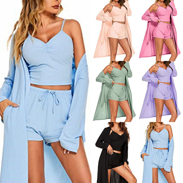 Damen nan dreiteiliges Lounge-Set mit langem Kimono, geripptem Spaghettiträger-Croptop und elastischen Kordel-Shorts Drune