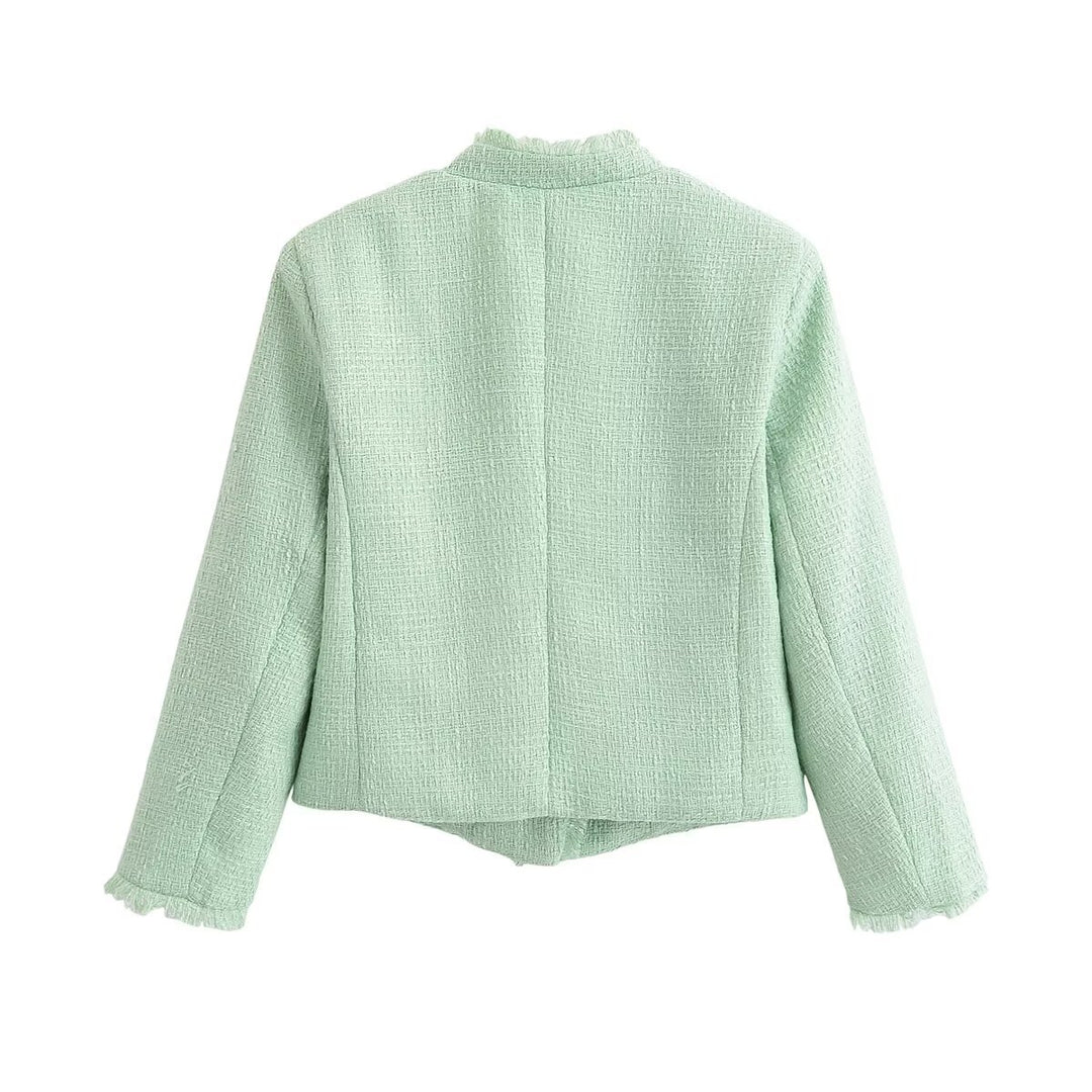 Damen Kurz geschnittene Bouclé-Tweedjacke mit Fransenbesatz und Rundhalsausschnitt Drune