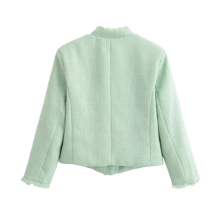 Damen Kurz geschnittene Bouclé-Tweedjacke mit Fransenbesatz und Rundhalsausschnitt Drune