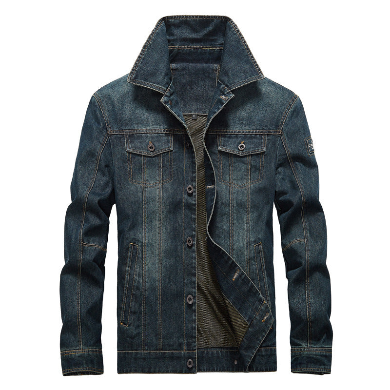 Herren Jeansjacke im Worker‑Look mit Stehkragen, Brustpattentaschen und Ziernähten Drune