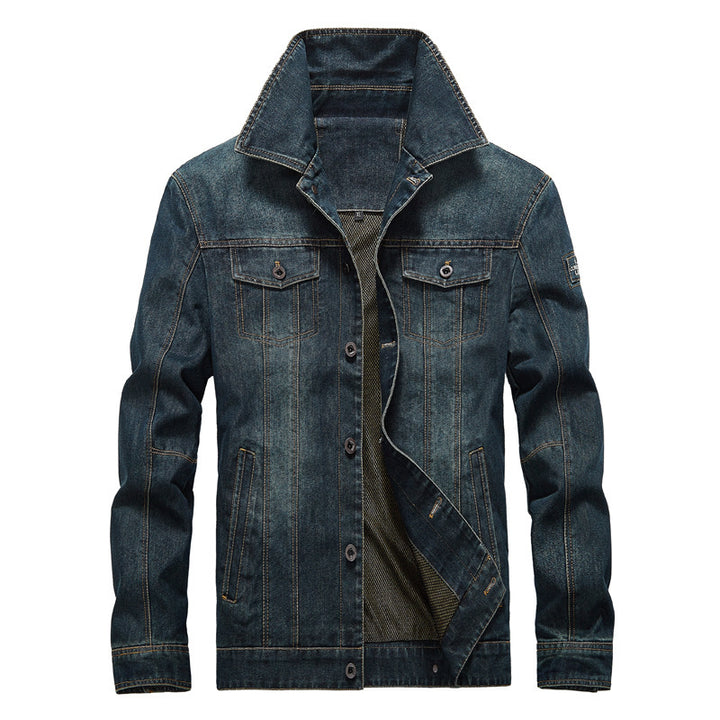 Herren Jeansjacke im Worker‑Look mit Stehkragen, Brustpattentaschen und Ziernähten Drune