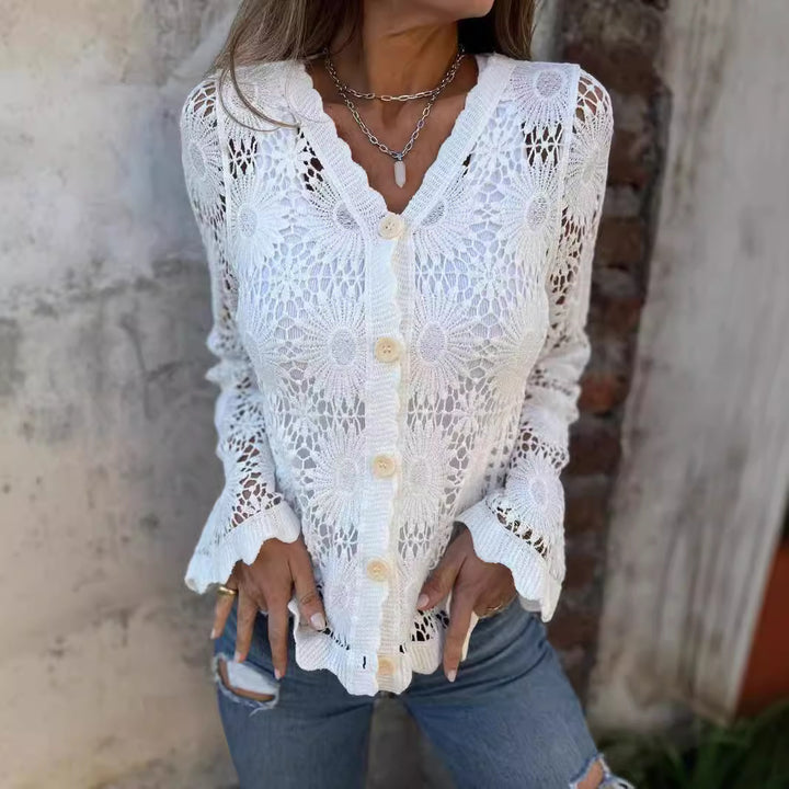 Damen Häkel-Cardigan mit floralem Design und Knopfverschluss Drune