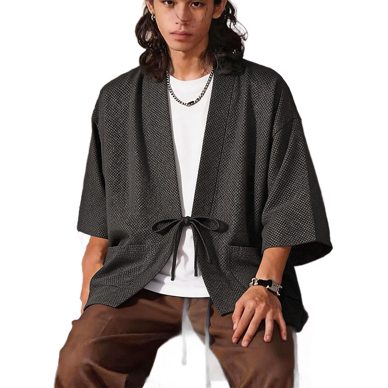 Herren Lockerer Kimono-Cardigan aus strukturierter Baumwollmischung mit kurzem Ärmel und Bindeband Drune