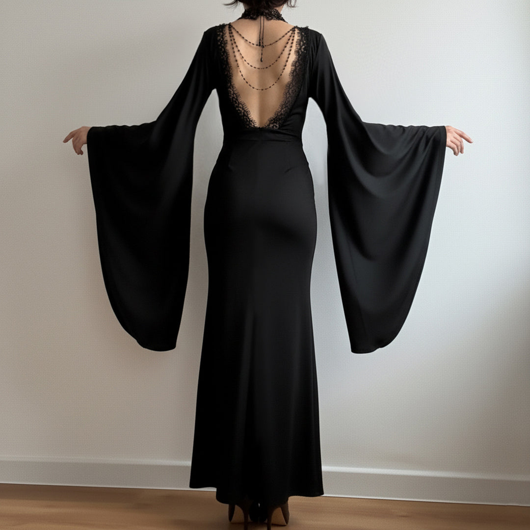 Damen Maxikleid mit tiefem V-Ausschnitt, Spitzenbesatz und dramatischen Wasserfallärmeln Drune