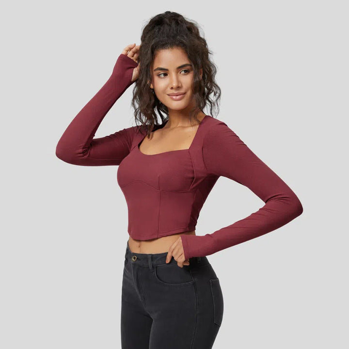 Damen figurbetontes Langarm-Crop-Top mit quadratischem Ausschnitt und feinem Rippmaterial Drune