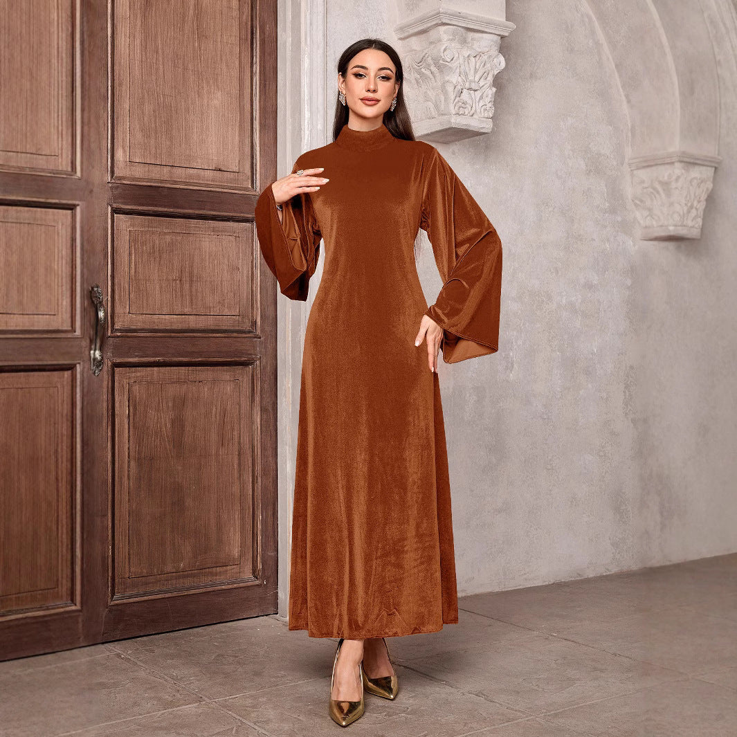 Damen Maxikleid aus Samt mit Stehkragen und Glockenärmeln Drune
