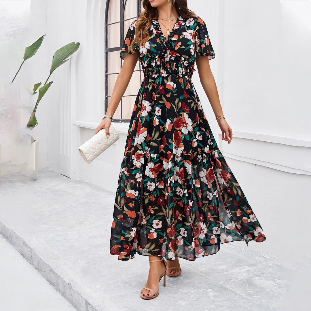 Damen Midi-Kleid mit floraler Raffung und elegantem V-Ausschnitt Drune