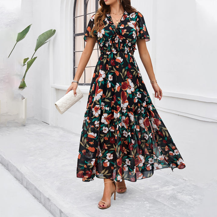 Damen Midi-Kleid mit floraler Raffung und elegantem V-Ausschnitt Drune