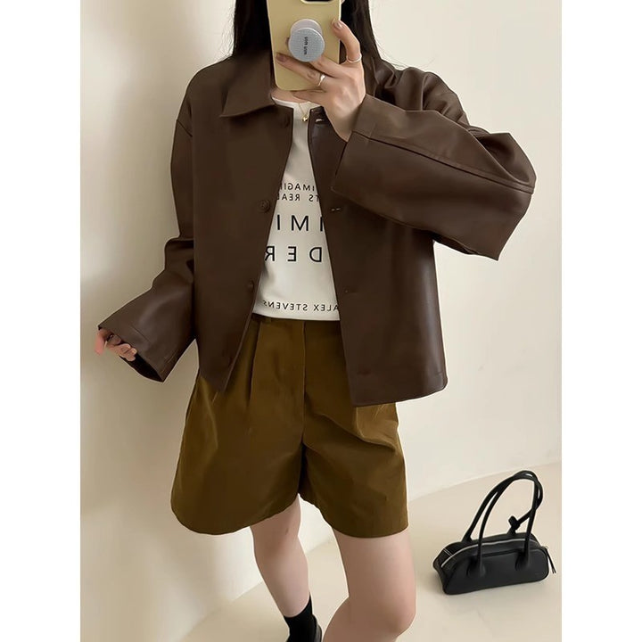 Damen Boxy‑Kunstleder‑Hemdjacke mit verdeckter Knopfleiste und überschnittenen Schultern Drune