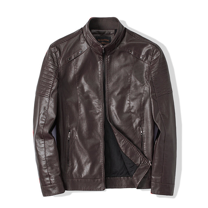 Herren Slim-Fit Kunstleder-Bikerjacke mit Stehkragen und Reißverschlusstaschen Drune